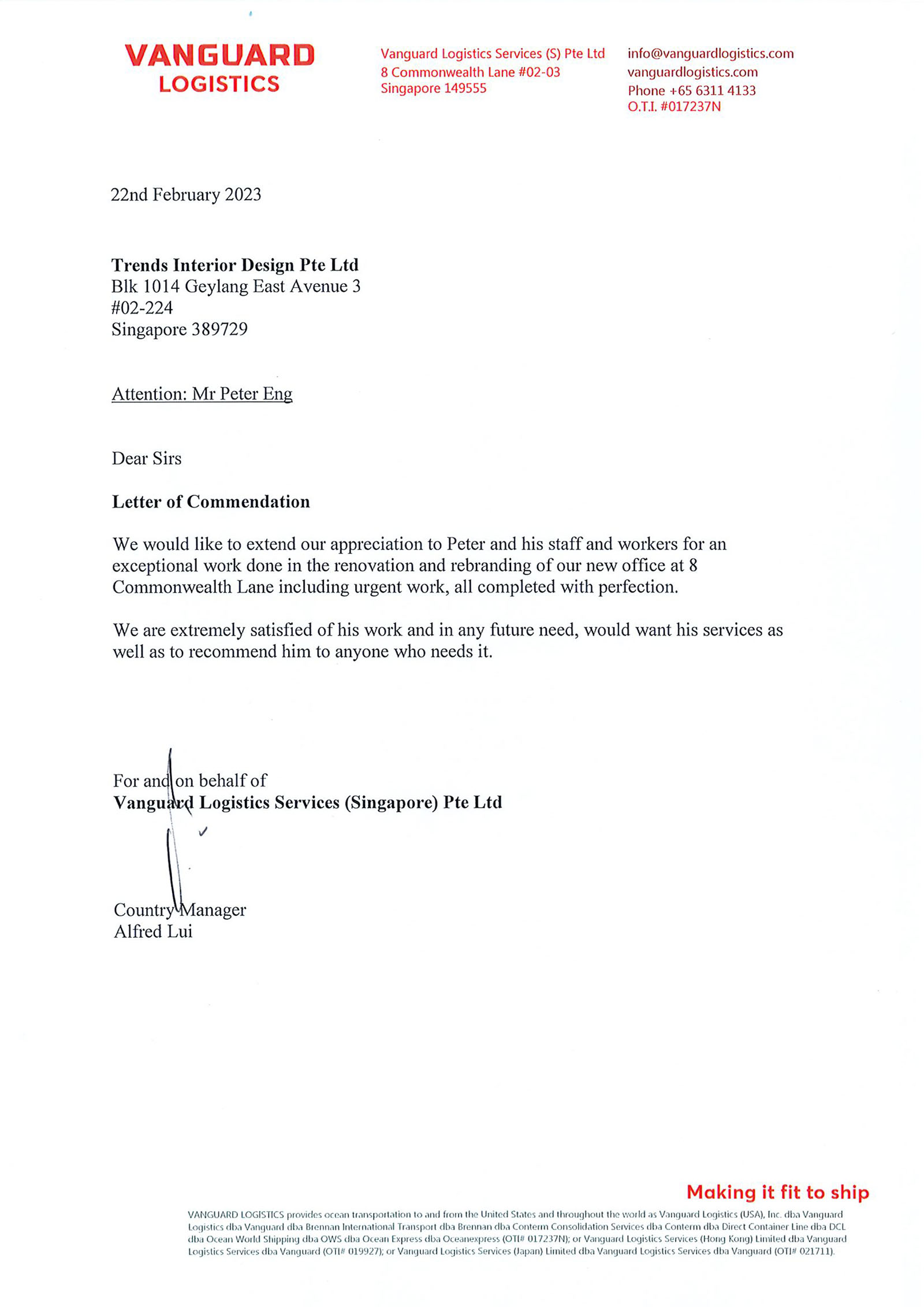 Letter of commendation from Vanguard Logistics Services (Singapore) Pte Ltd