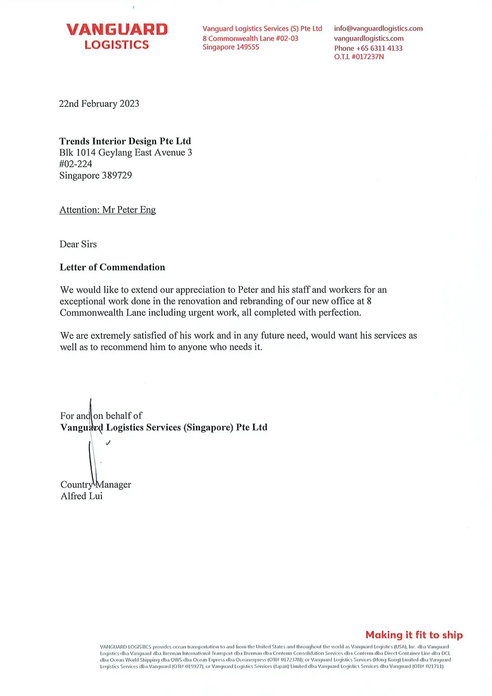 Letter of commendation from Vanguard Logistics Services (Singapore) Pte Ltd