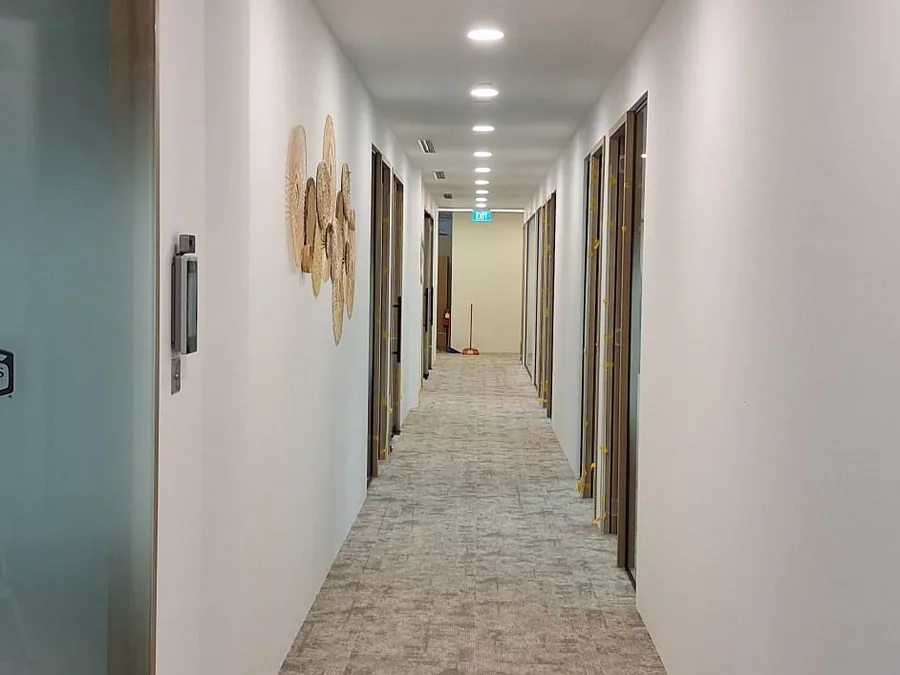 Office corridor with teal feature wall and decorative art