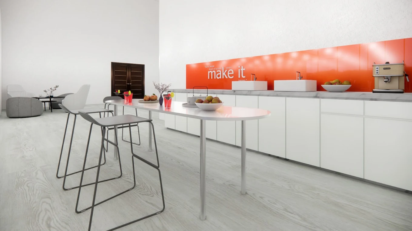 3D mock-up of an office breakout lounge