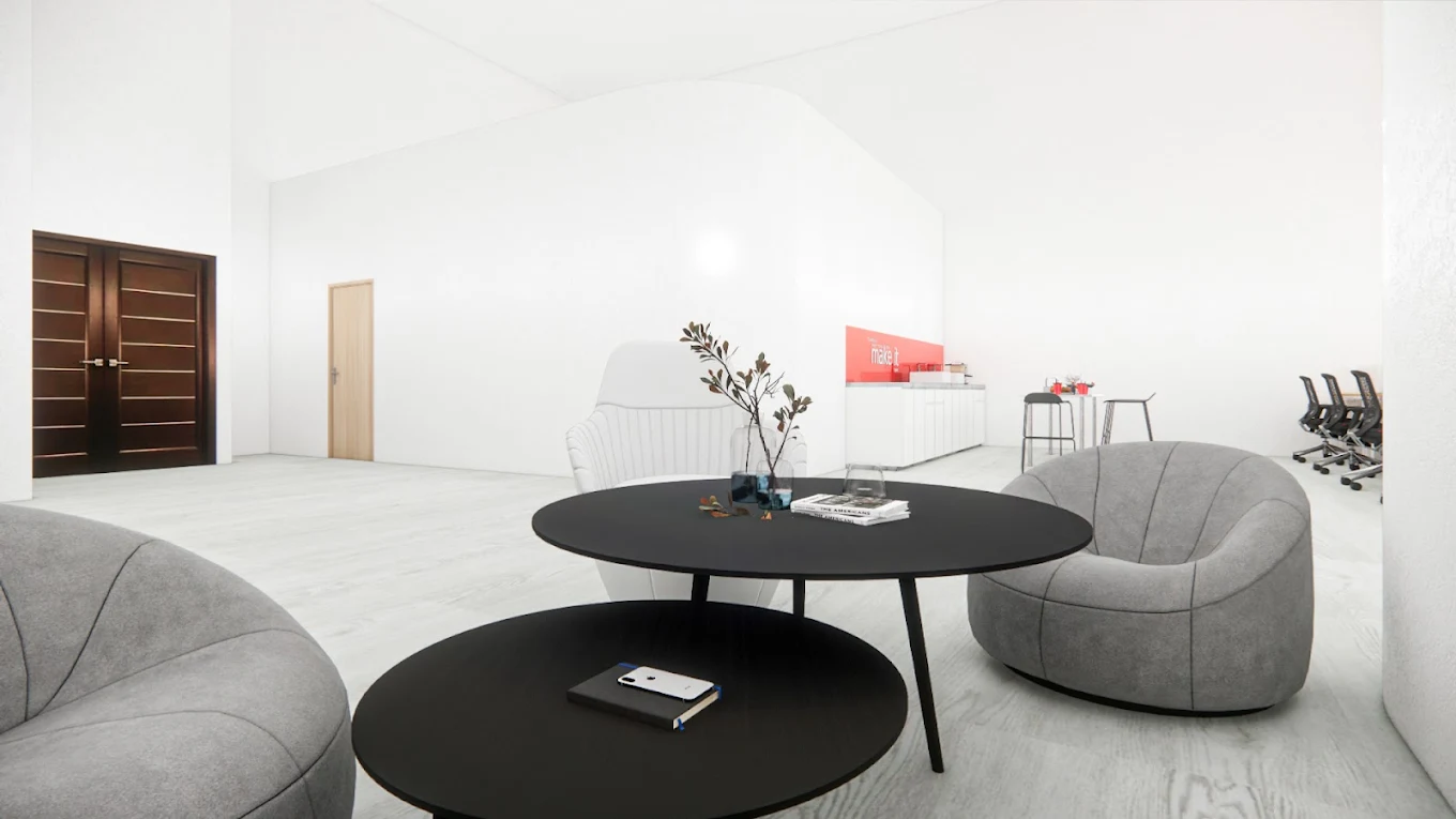 3D mock-up of a finished office reception and lounge